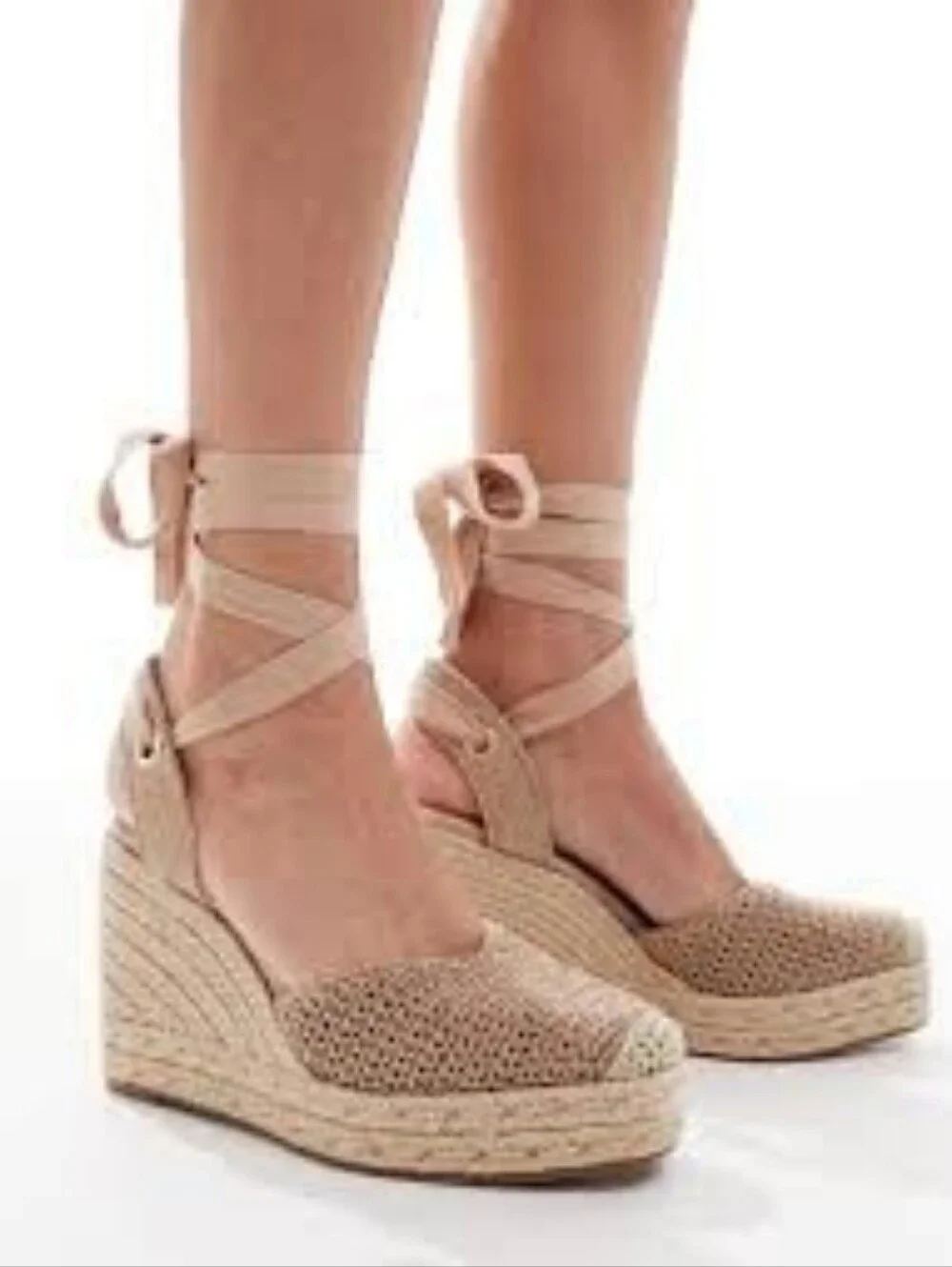 Women's Tan Cream Schuh Velma Espadrille Wedge Sandals with Ankle Wrap Size 7